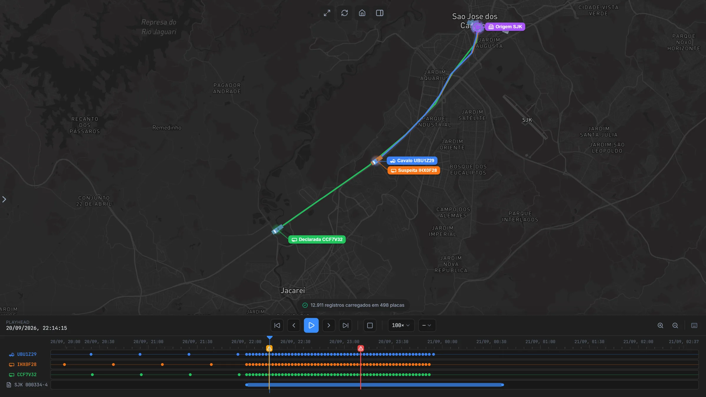 Replay da viagem no mapa, com as etiquetas do cavalo, da carreta declarada e da carreta suspeita