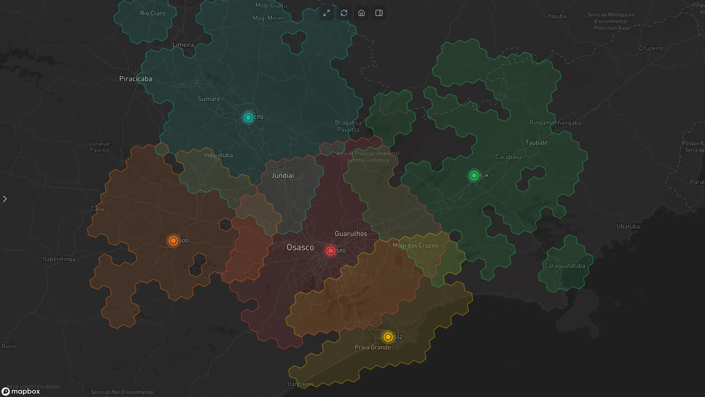 Mapa do Digital Shadow com os territórios de atendimento das filiais em volta de São Paulo